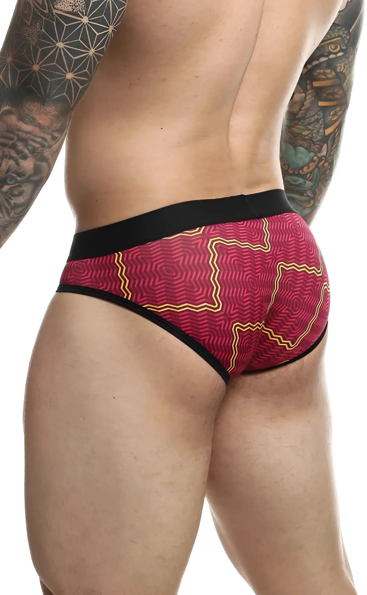 Malebasics brief sexy pouch with red and yellow patterned fabric and black trim for a stylish fit
