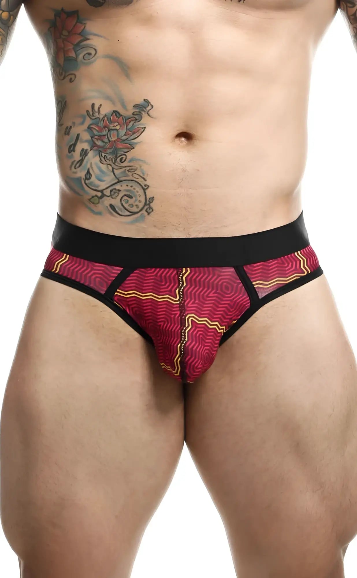Malebasics brief sexy pouch vibrant red and yellow patterned briefs with black trim for stylish everyday wear