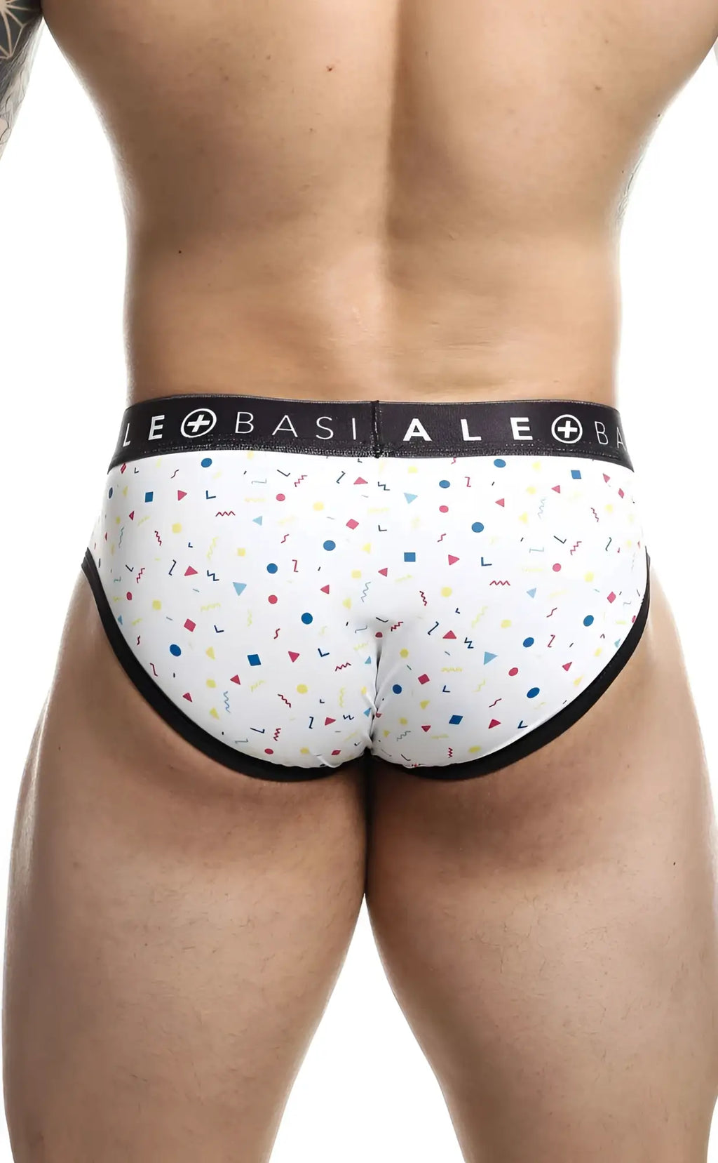 White malebasics brief sexy pouch with playful multicolored confetti pattern and black trim for comfortable wear
