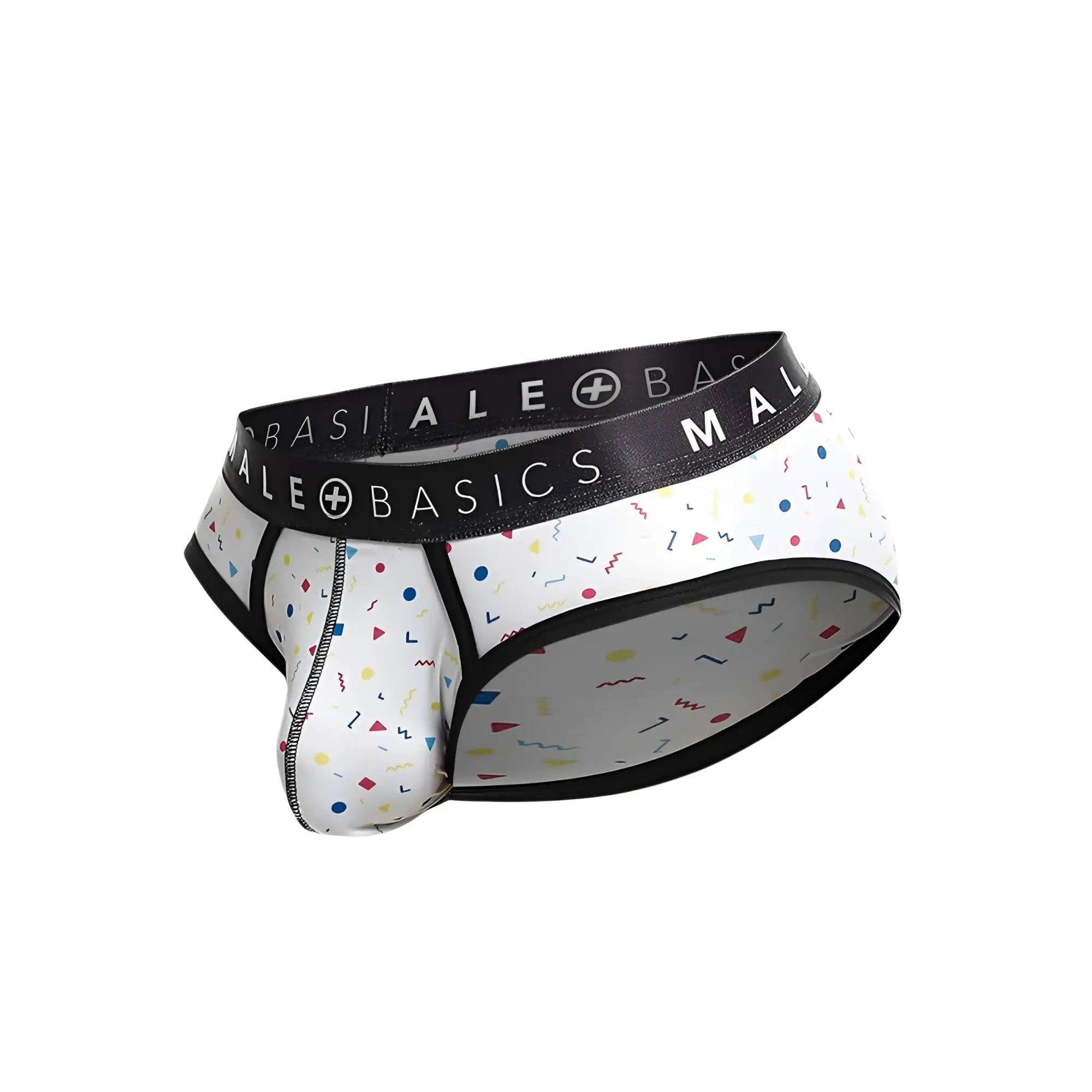 White malebasics brief with black waistband basics logo and colorful geometric confetti patterns on fabric