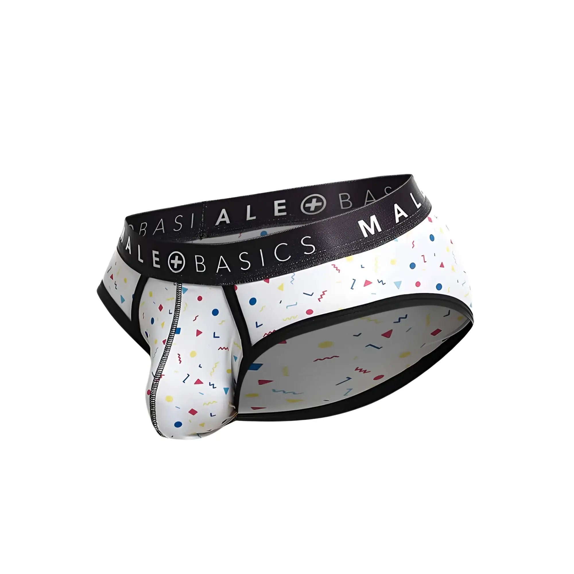 White malebasics brief sexy pouch underwear with black basics waistband and colorful confetti pattern
