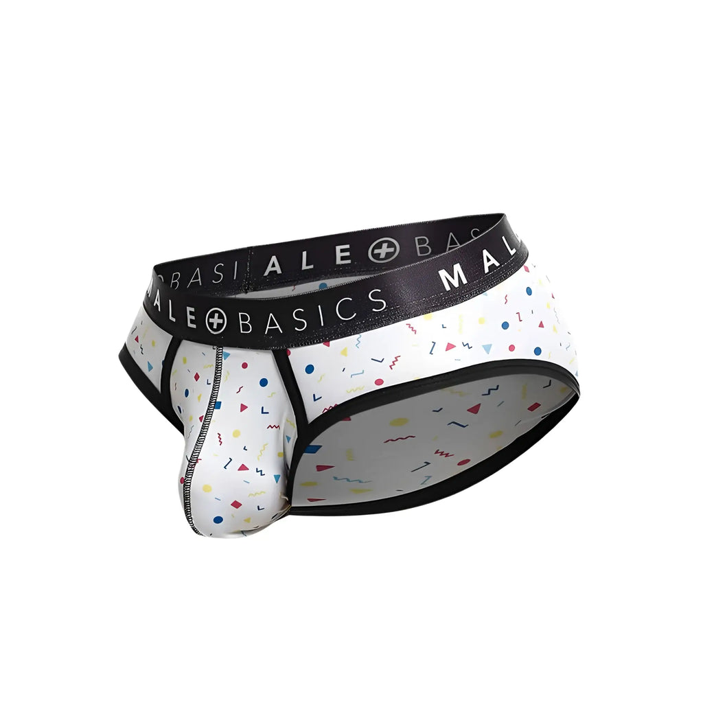 White malebasics brief underwear with black basics waistband and colorful geometric confetti pattern