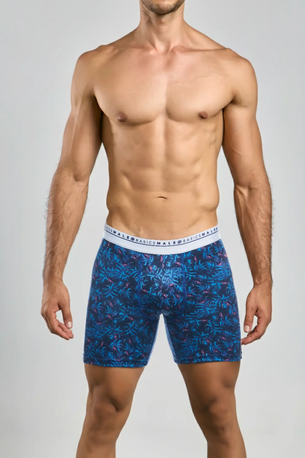 Blue patterned boxer briefs with a white waistband branded original basics male from malebasics bundle boxerbrief collection