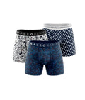 Three pack of malebasics bundle boxerbrief men’s boxer briefs in retro tech white, navy floral, and dark blue diamond designs