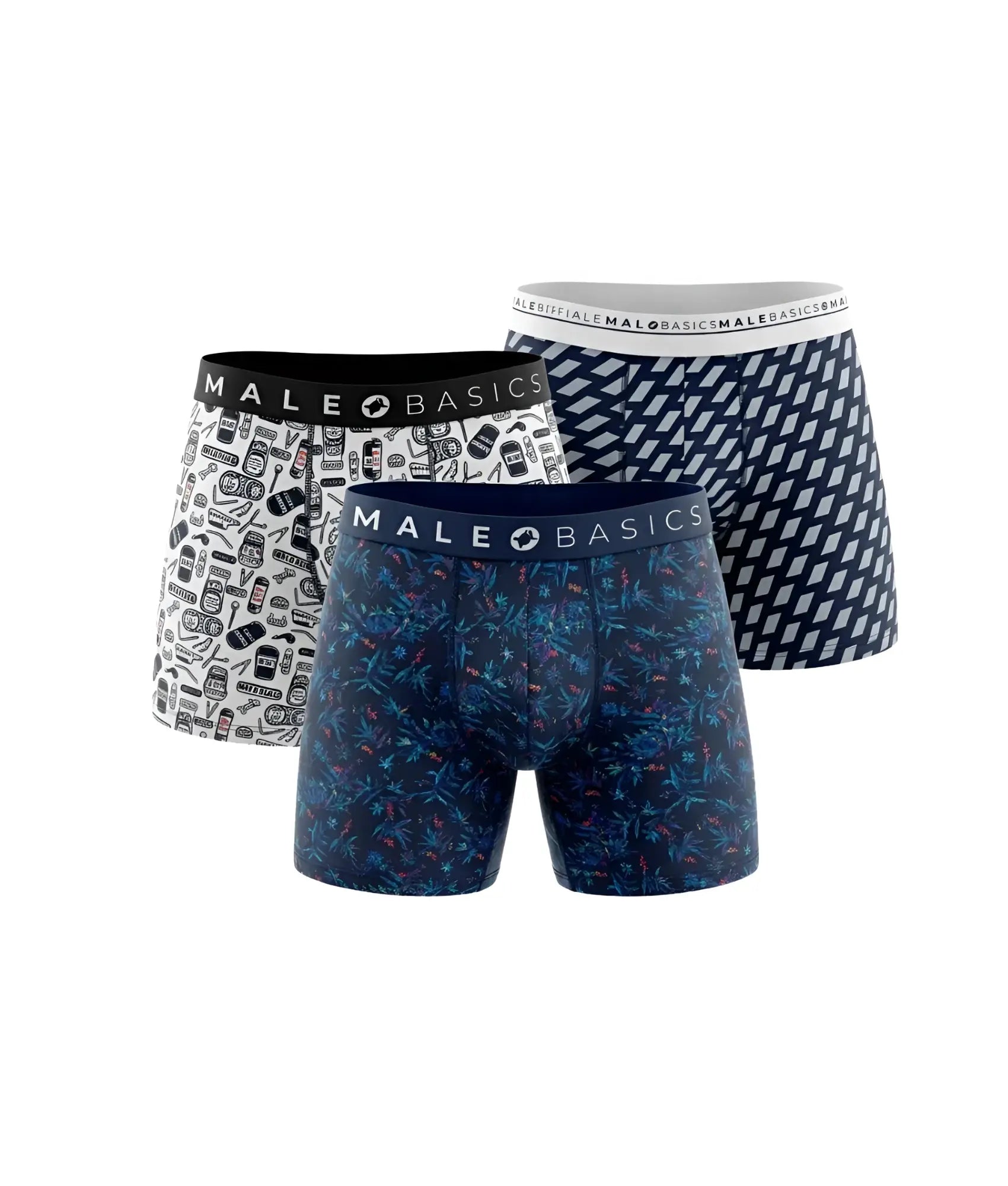 Three pack of malebasics bundle boxerbrief men’s boxer briefs in retro tech white, navy floral, and dark blue diamond designs