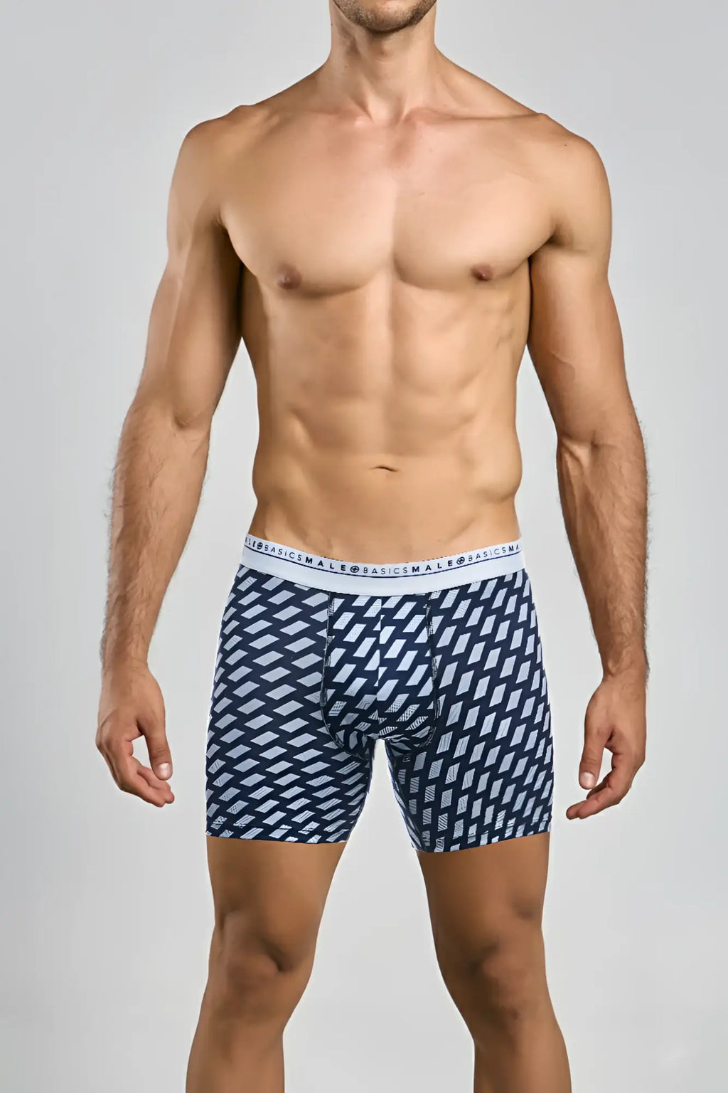 Navy blue Malebasics boxer briefs with light gray geometric pattern and white waistband with basicsmal logo