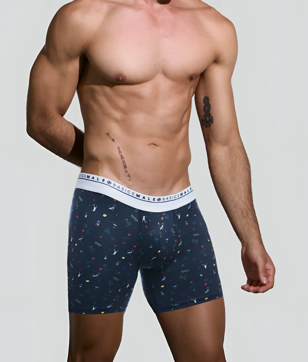 Navy blue Malebasics bundle boxerbrief with white elastic branded waistband and colorful abstract patterns