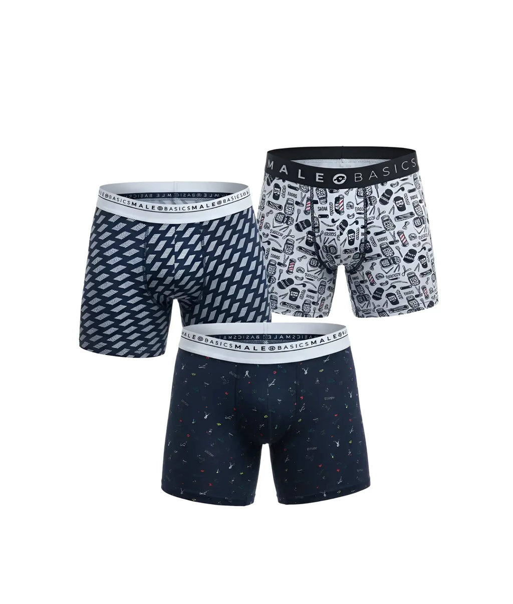 Three-pack of malebasics boxer briefs in navy blue and white patterns with branded elastic waistbands