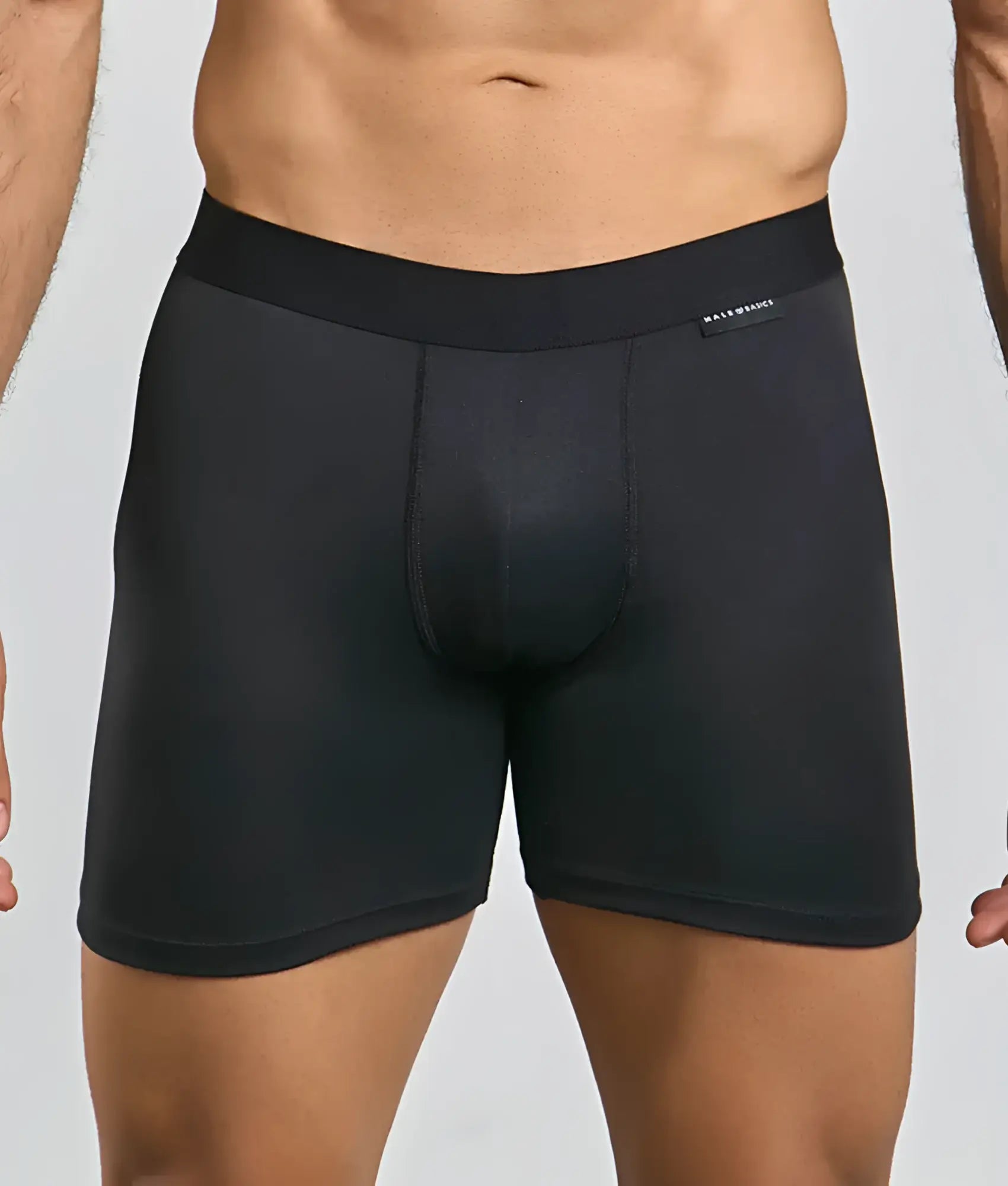 Black men’s boxer briefs in malebasics classic tripack with smooth form-fitting fabric and branded waistband