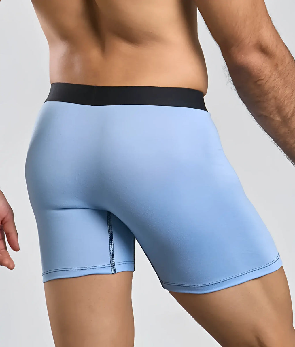Light blue men’s boxer briefs with black elastic waistband from malebasics classic tripack for everyday comfort