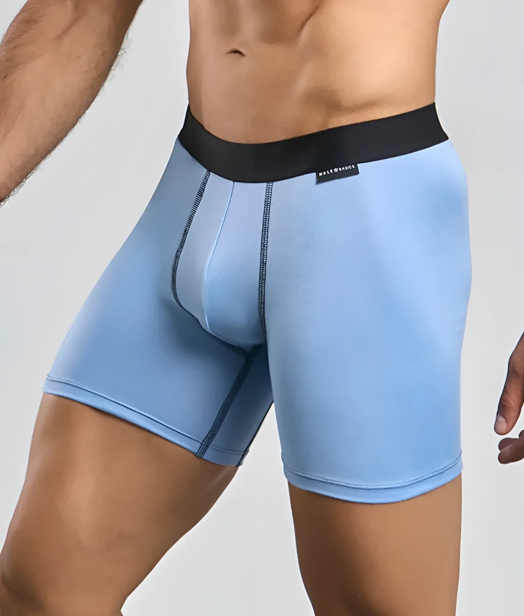 Light blue men’s boxer briefs with black waistband and malt brands label in malebasics classic tripack product