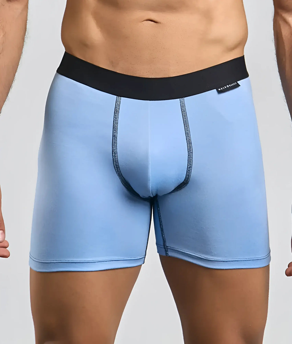 Light blue men’s boxer briefs with black elastic waistband and dark stitching from malebasics classic tripack