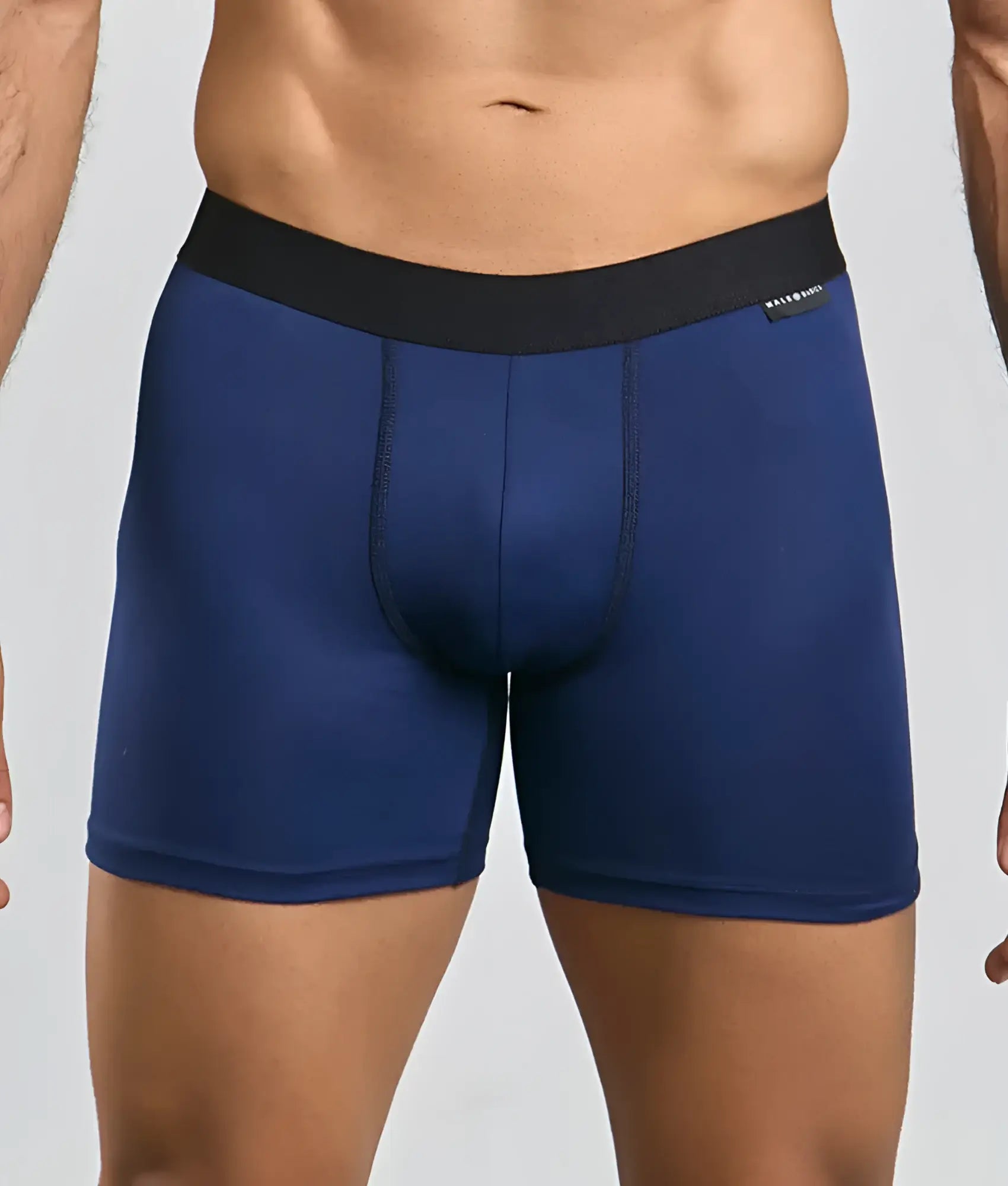 Navy blue Malebasics classic tripack boxer briefs with black elastic waistband made from soft breathable fabric