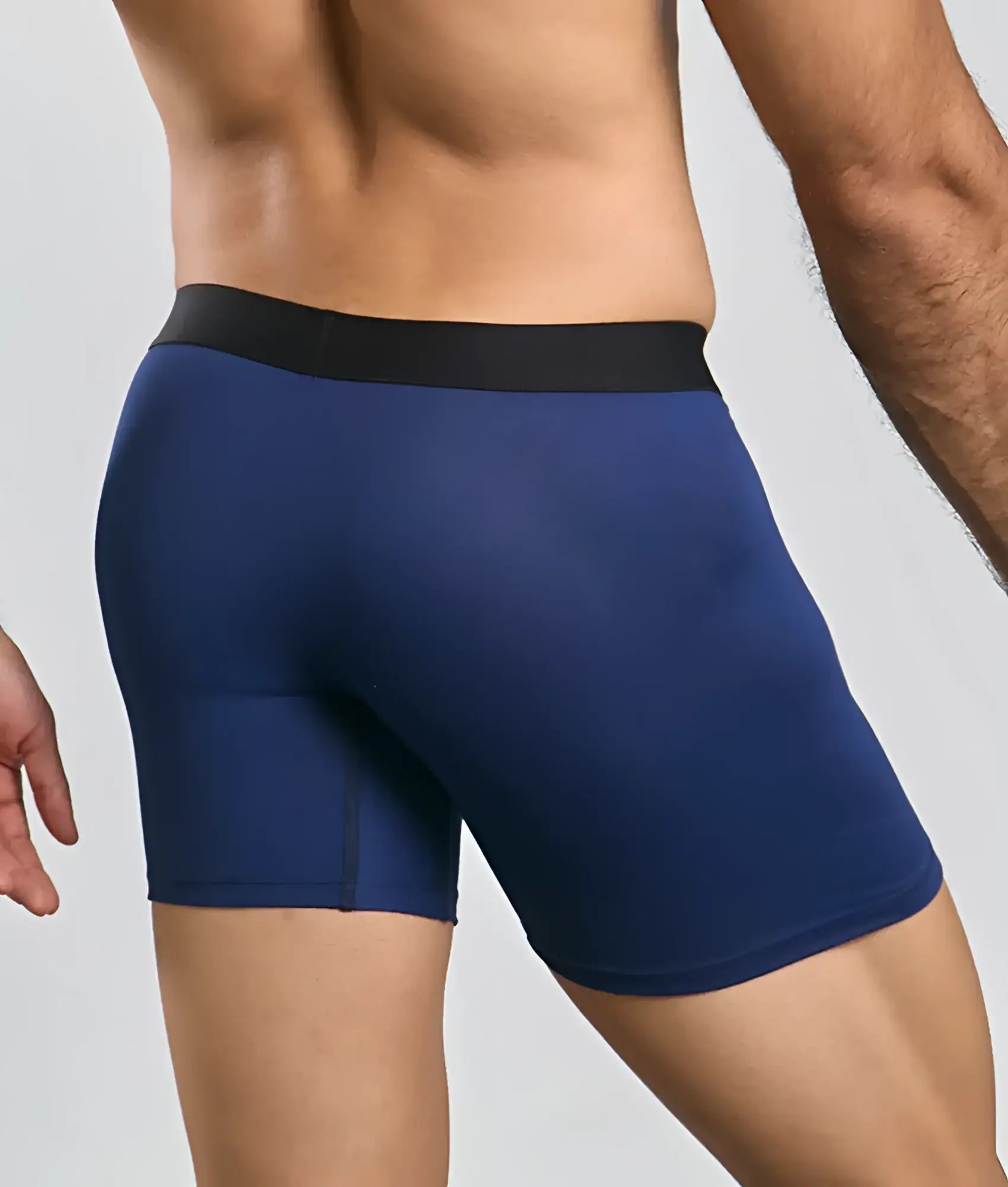 Malebasics classic tripack navy blue boxer briefs with black elastic waistband soft cotton blend fabric