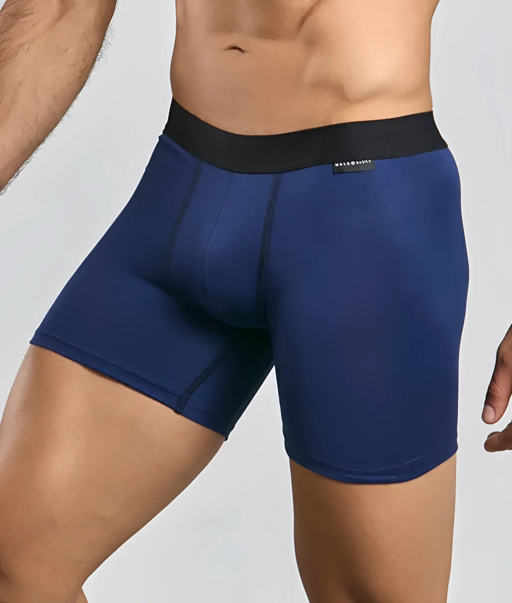 Navy blue men’s boxer briefs with black elastic waistband and mateo baka brand label in Malebasics classic tripack