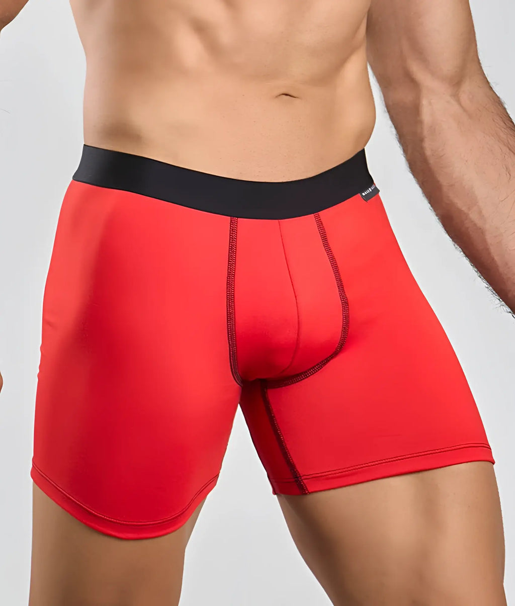 Red malebasics classic tripack boxer briefs with black elastic waistband made from soft breathable fabric