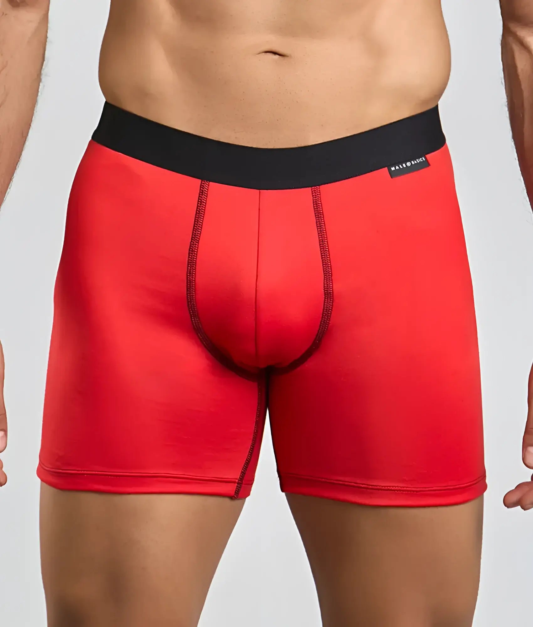 Malebasics classic tripack red men’s boxer briefs with black elastic waistband and subtle stitching details