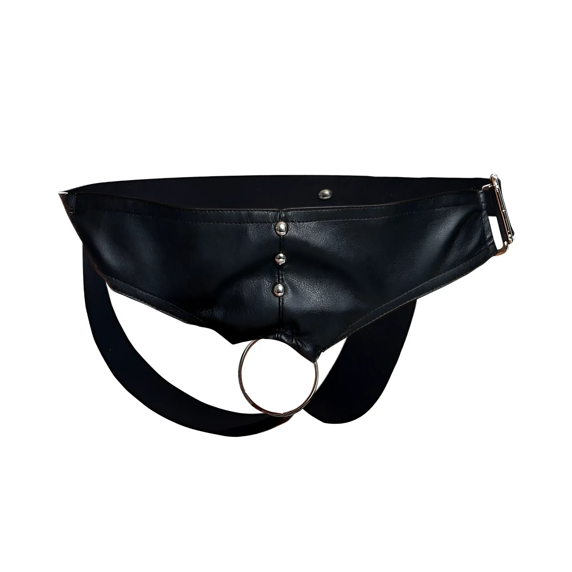 Black leather male basics dmble01 dngeon cockring jockstrap with silver metal ring and buckle front view