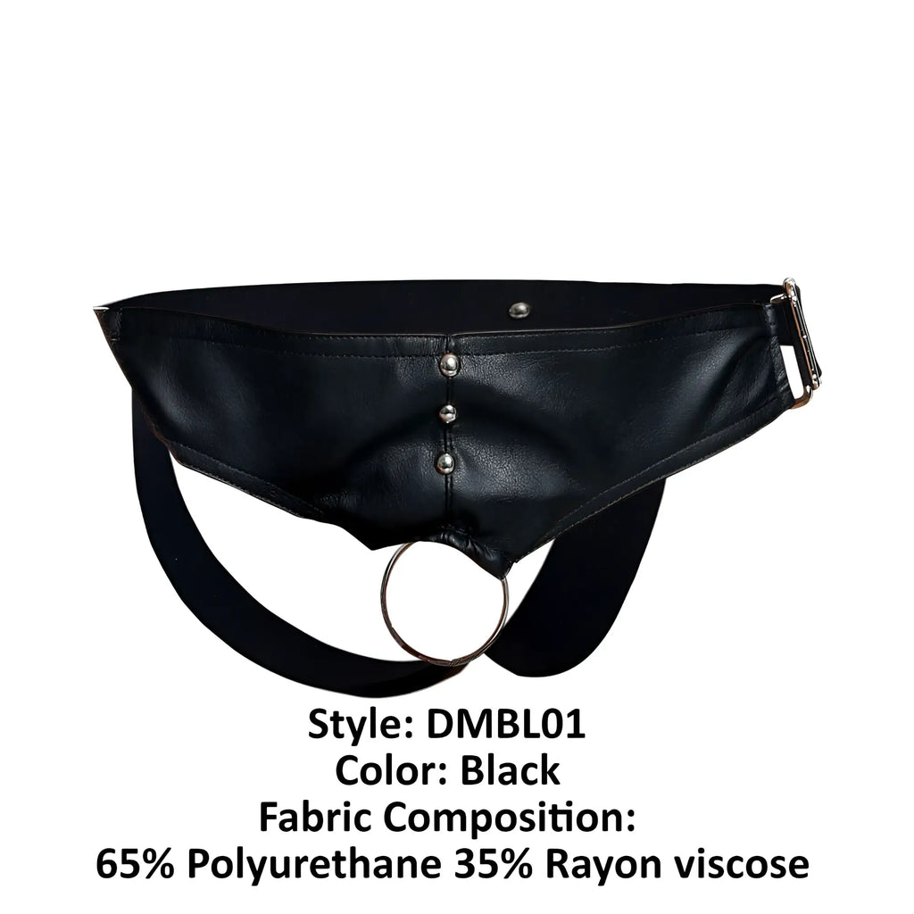 Black leather-like male basics dmblo1 dungeon cockring jockstrap with central ring and silver metal hardware