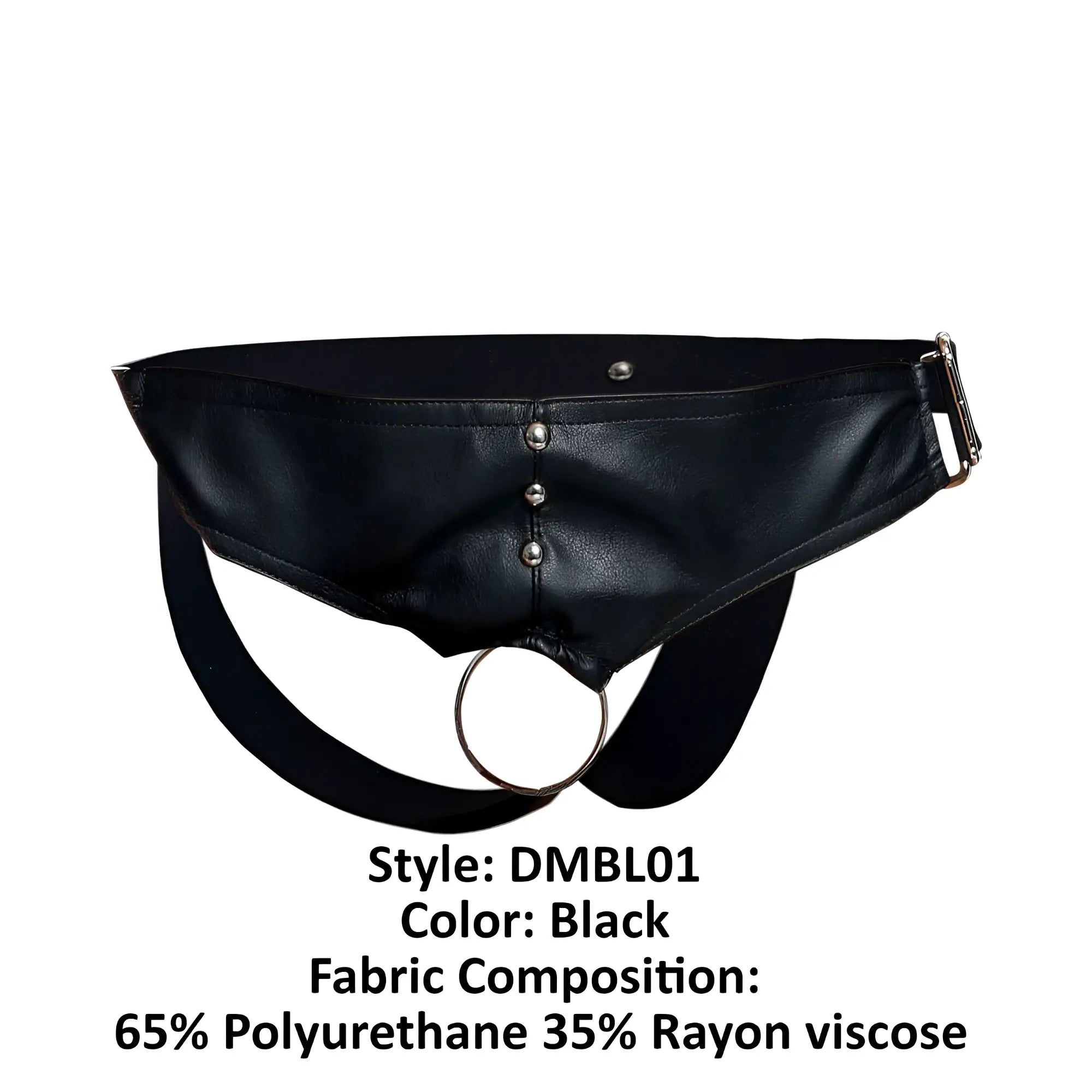 Black leather-like male basics dmblo1 dungeon cockring jockstrap with central ring and silver metal hardware