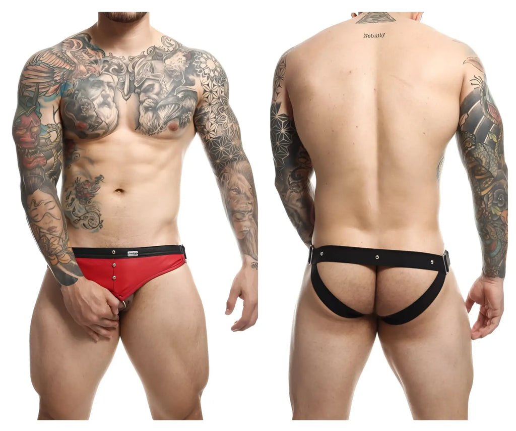 Malebasics dmbl01 dngeon cockring jockstrap in red and black with a sleek form-fitting athletic brief design