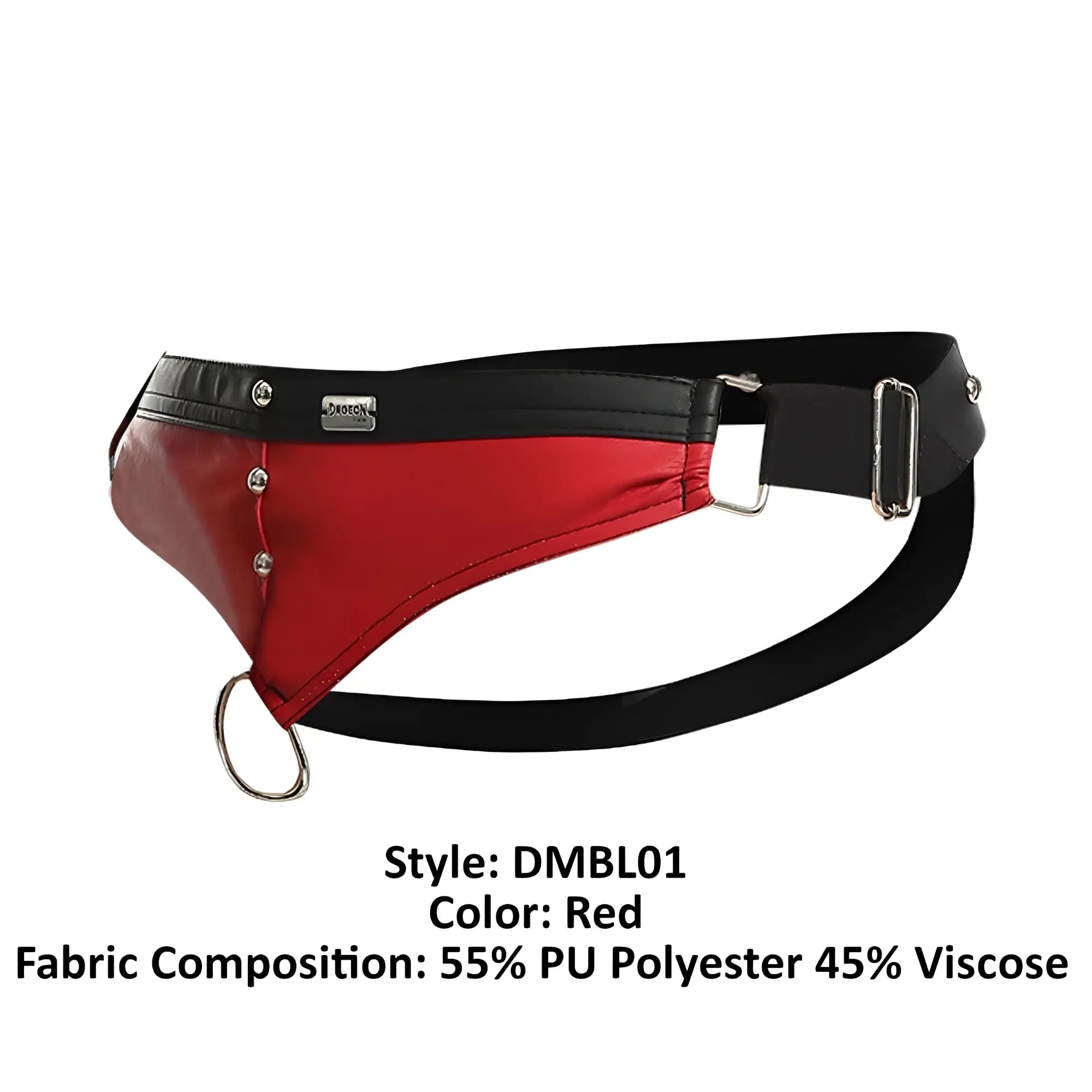 Malebasics dmbly01 dngeon red leather-like cockring jockstrap with red and black harness belt and silver metal hardware
