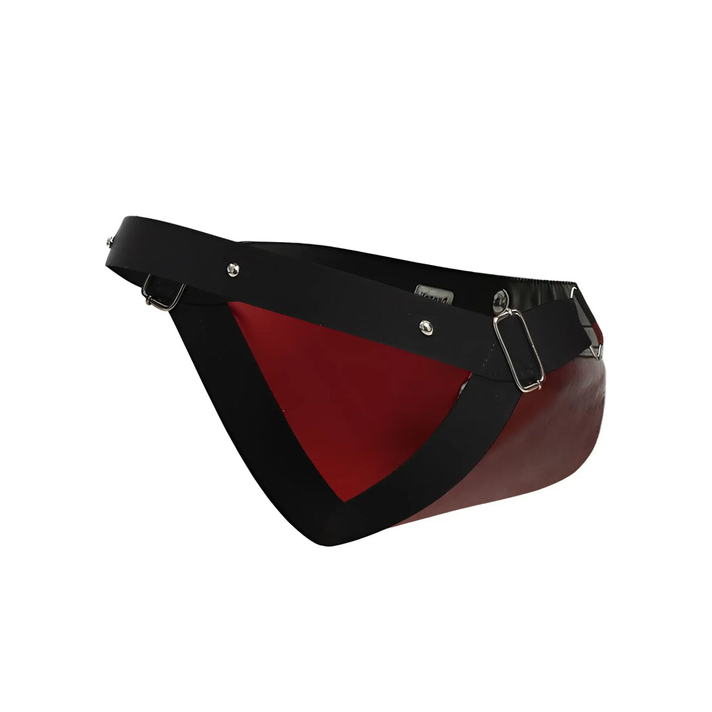 Malebasics dmble01 dngeon cockring jockstrap with black and red patent leather fanny pack and silver hardware