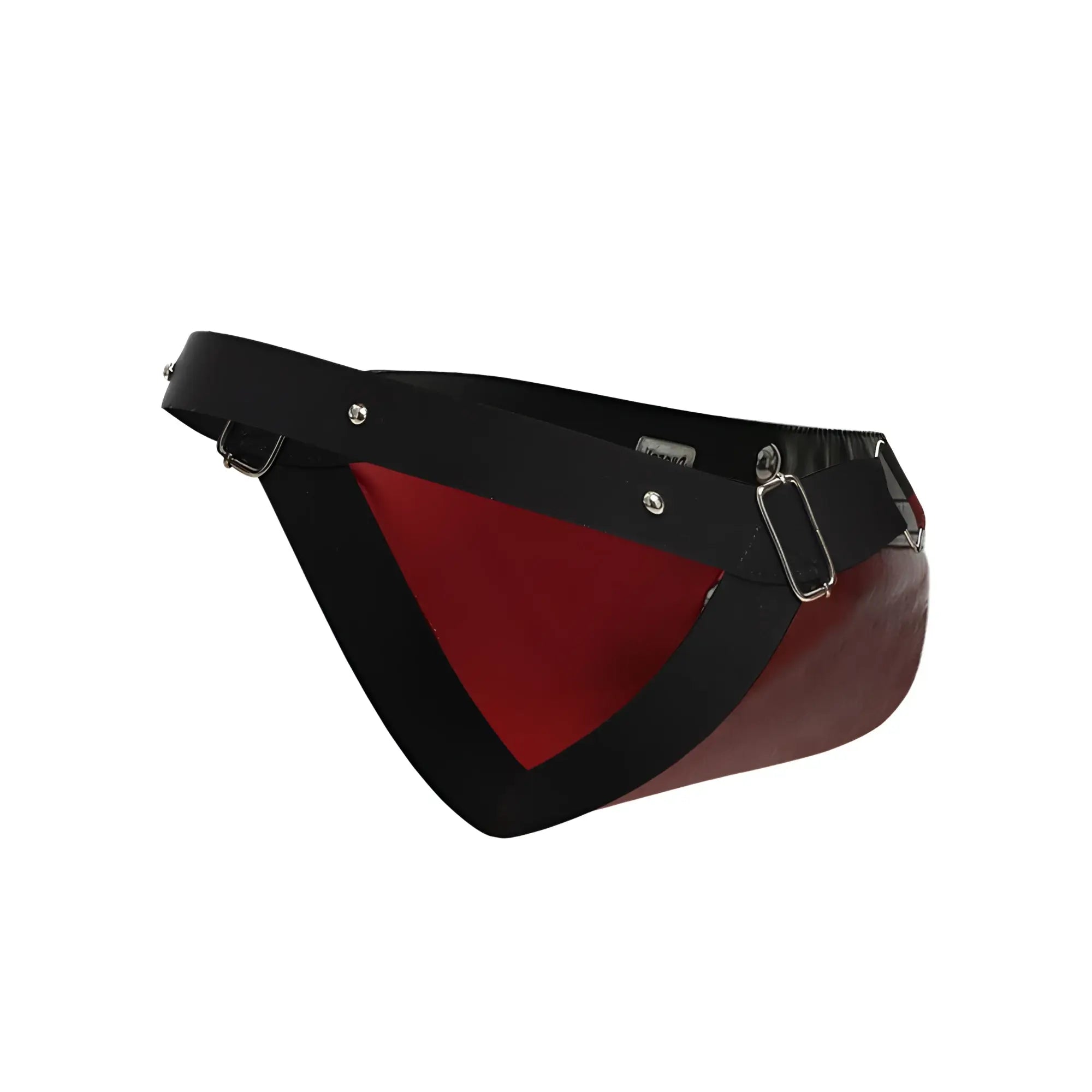 Malebasics dmble01 dngeon cockring jockstrap with black and red patent leather fanny pack and silver hardware