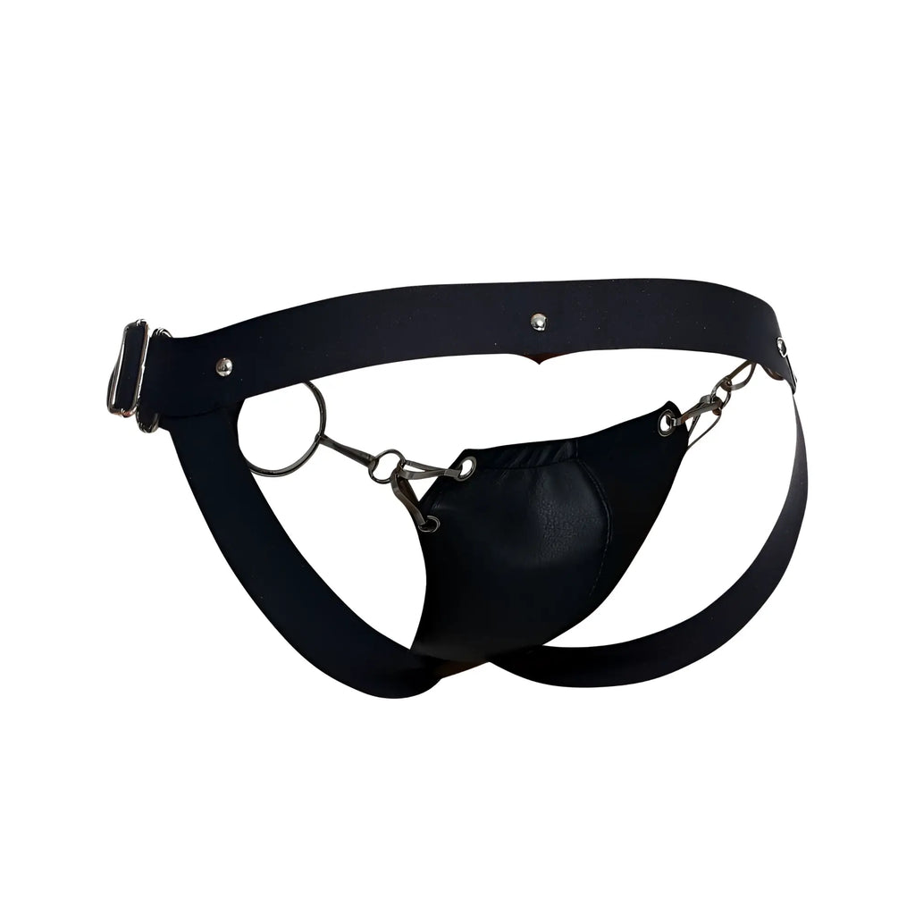 Malebasics dmblo3 dungeon snap jockstrap in black leather harness with metal chain and buckle detailing