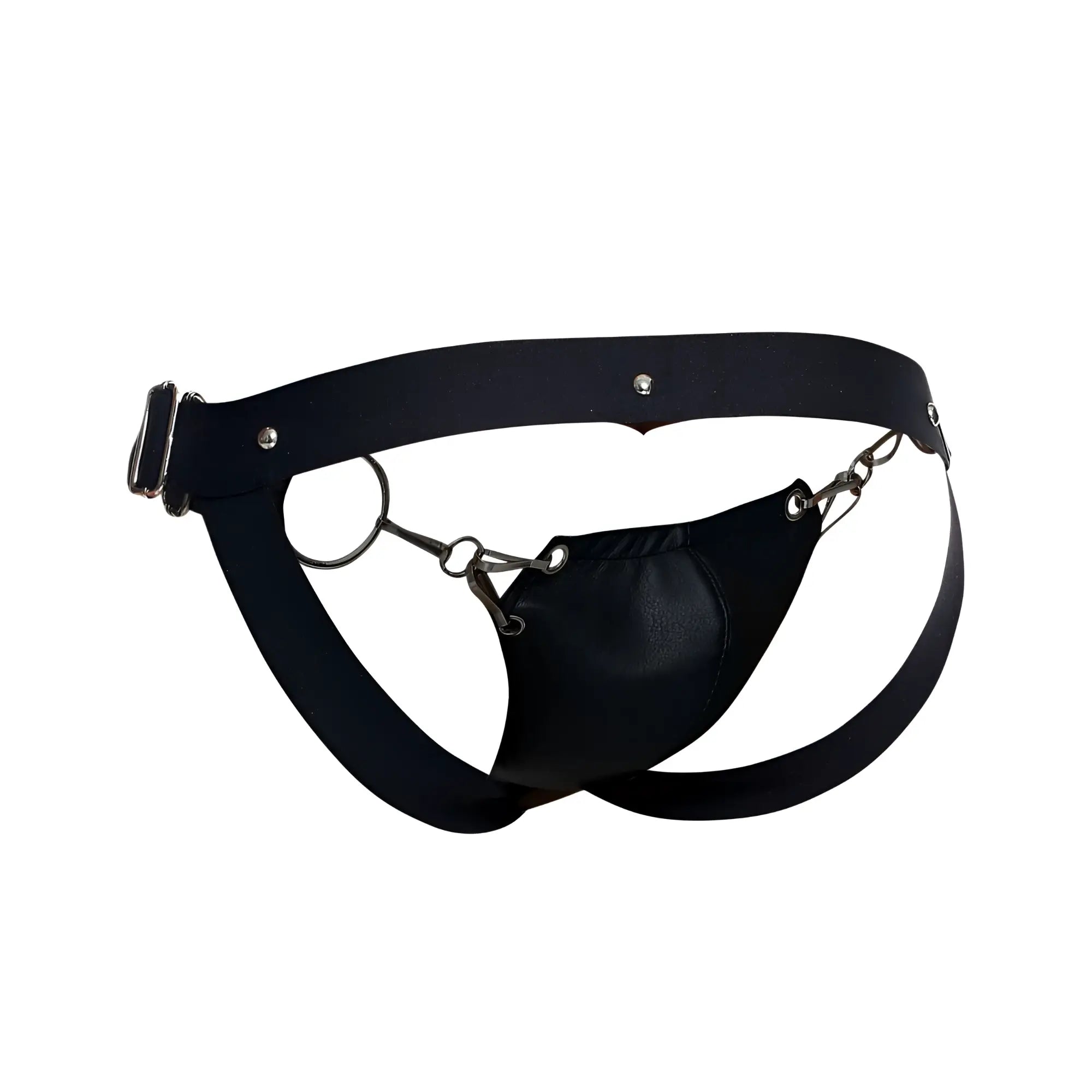 Malebasics dmblo3 dungeon snap jockstrap in black leather harness with metal chain and buckle detailing