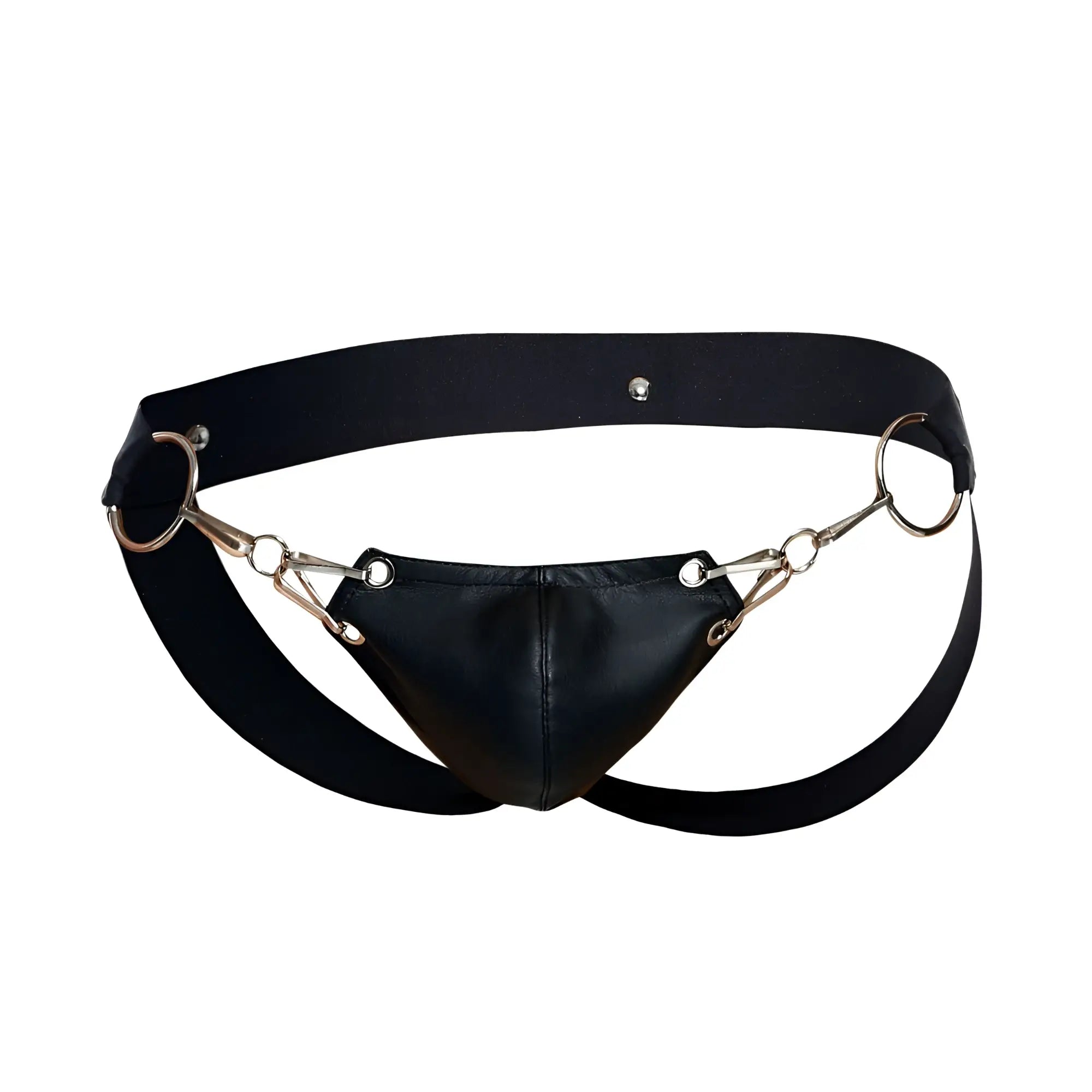 Malebasics dmblo3 dngeon snap jockstrap in black leather harness with metallic horsebit hardware