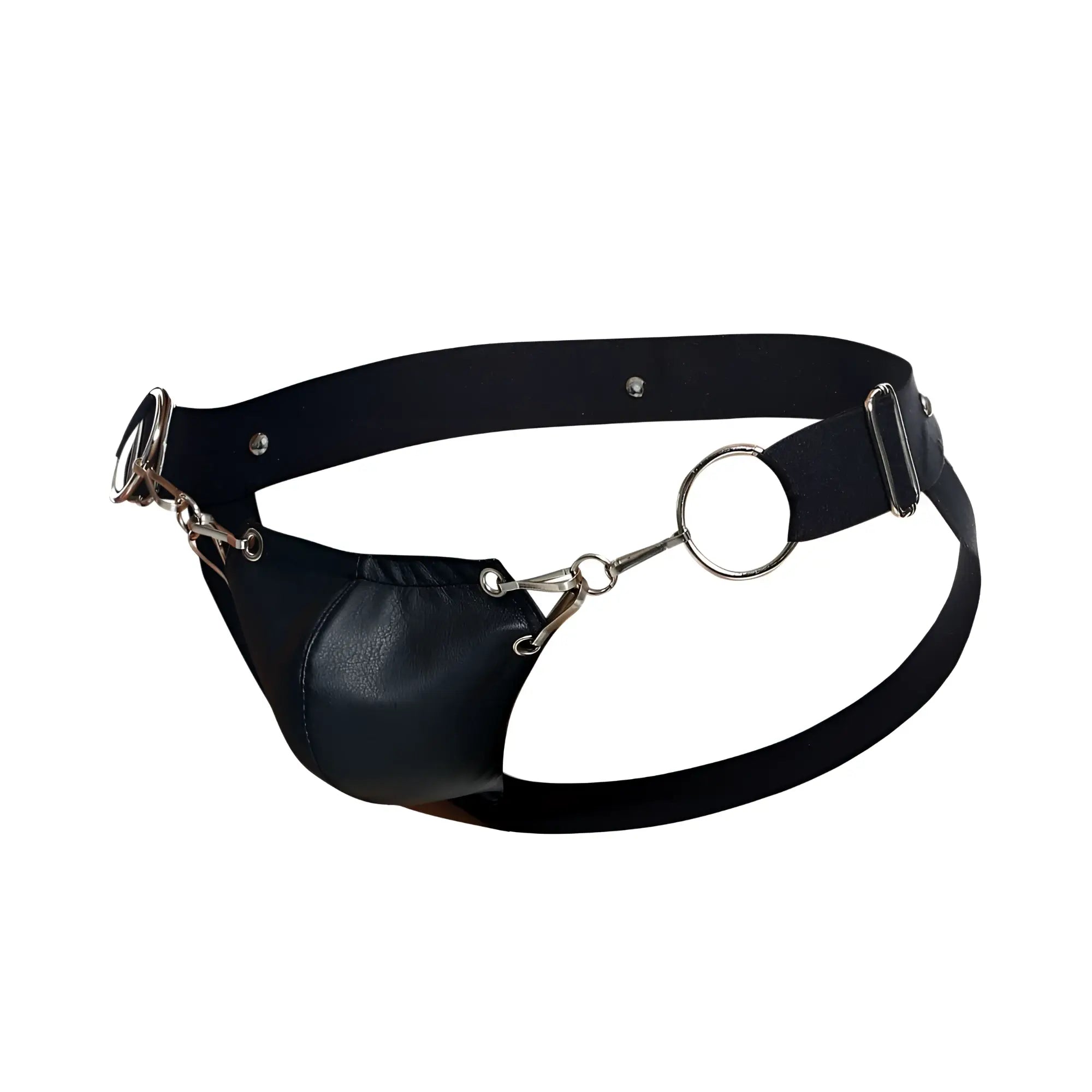 Malebasics dmblo3 dngeon snap jockstrap in black black leather harness with silver metal rings and buckles