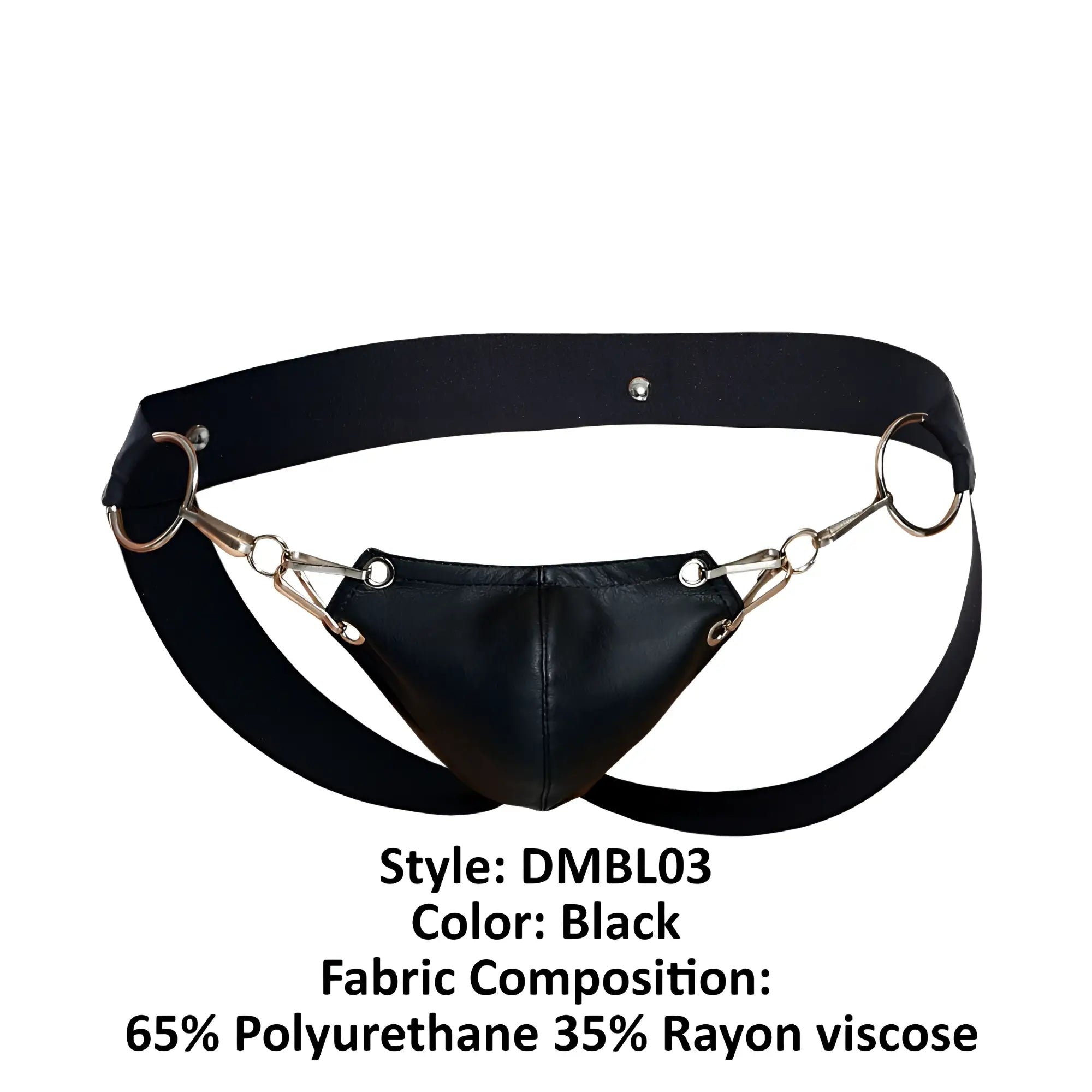 Malebasics dmblo3 dngeon snap jockstrap in black features black leather-like harness with metallic horsebit hardware
