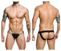 Malebasics dmbl03 dngeon snap jockstrap in black leather with metallic ring and buckle accents front view