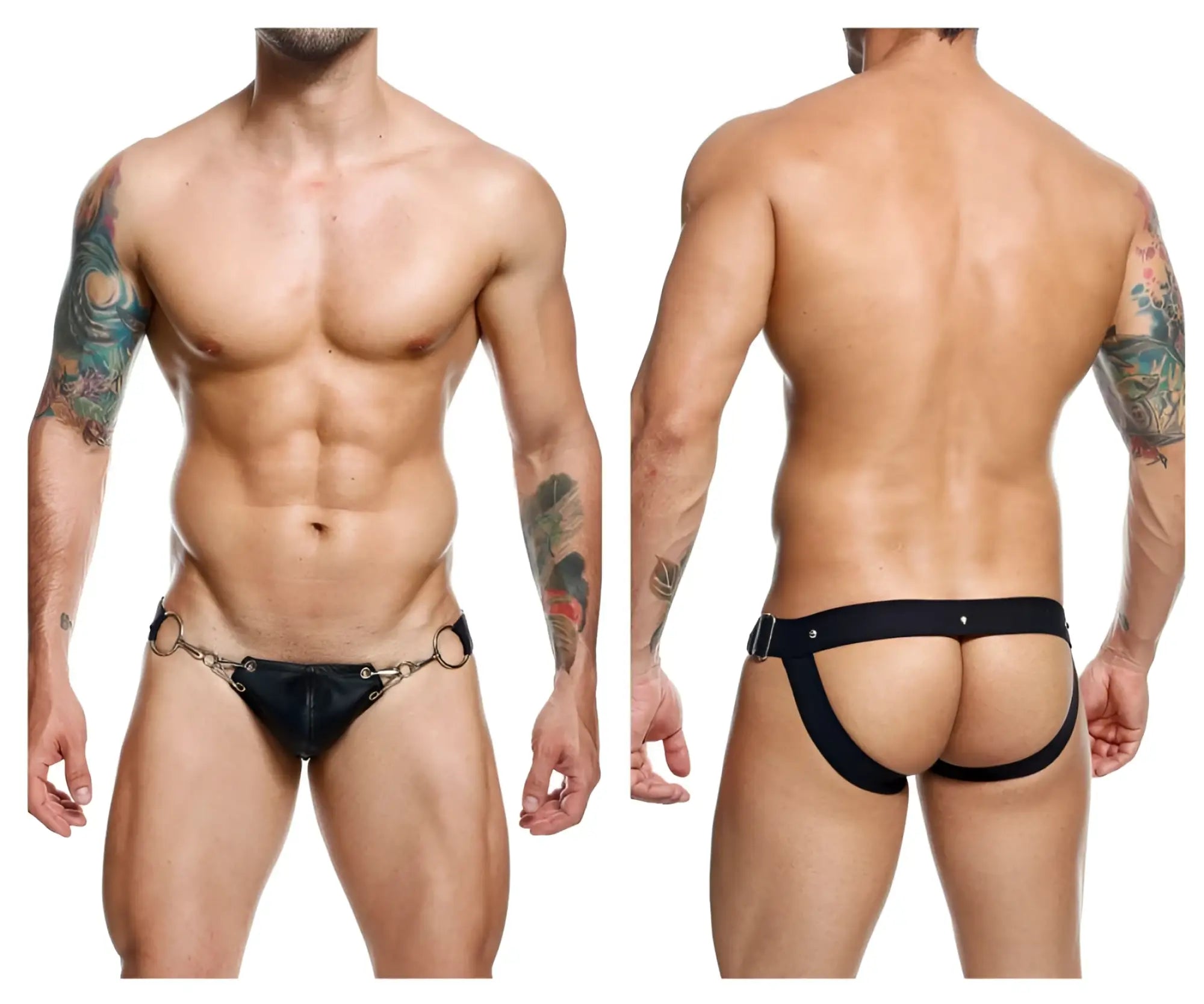 Malebasics dmbl03 dngeon snap jockstrap in black leather with metallic ring and buckle accents front view