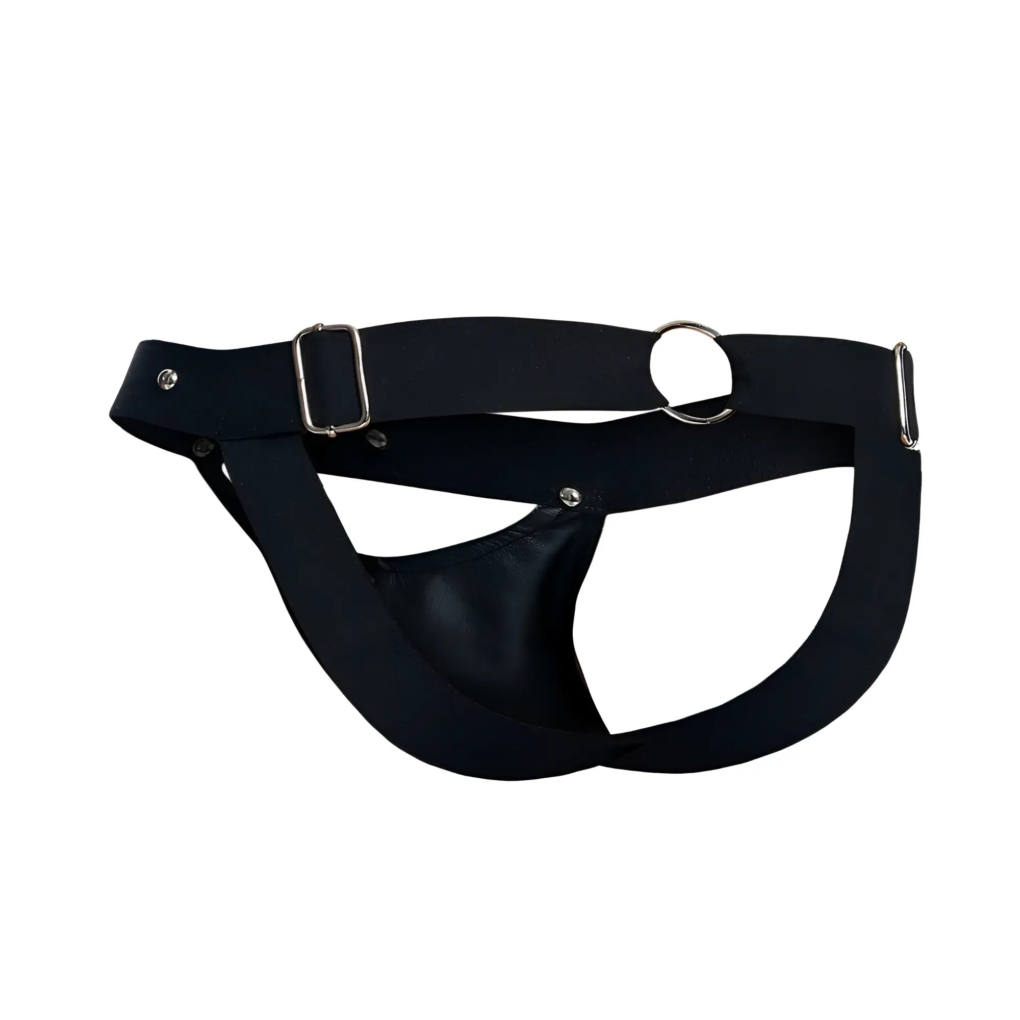Malebasics dmbl04 dngeon peekaboo jockstrap in black with black leather harness and silver metal buckle and ring