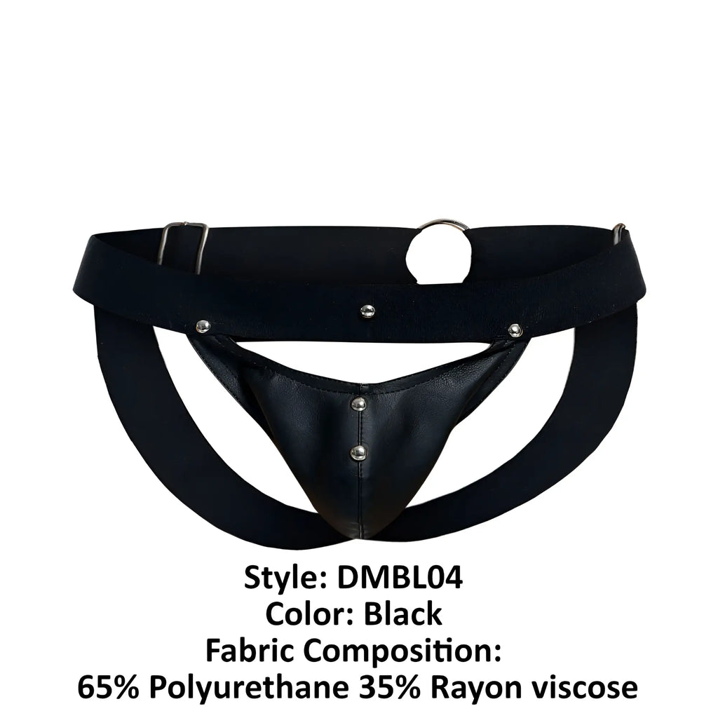 Malebasics dmbl04 dngeon peakaboo jockstrap in black leather-like fabric with supportive design and silver metal hardware