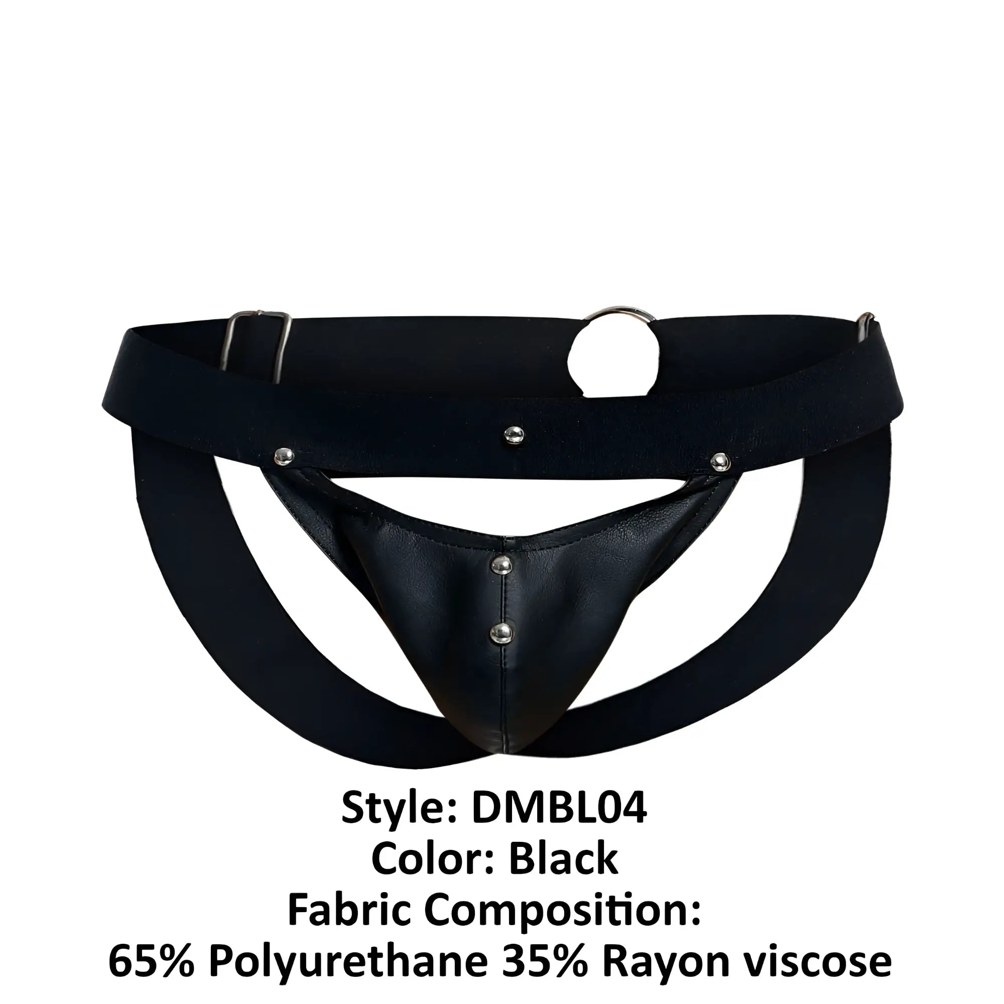 Malebasics dmbl04 dngeon peakaboo jockstrap in black leather-like fabric with supportive design and silver metal hardware