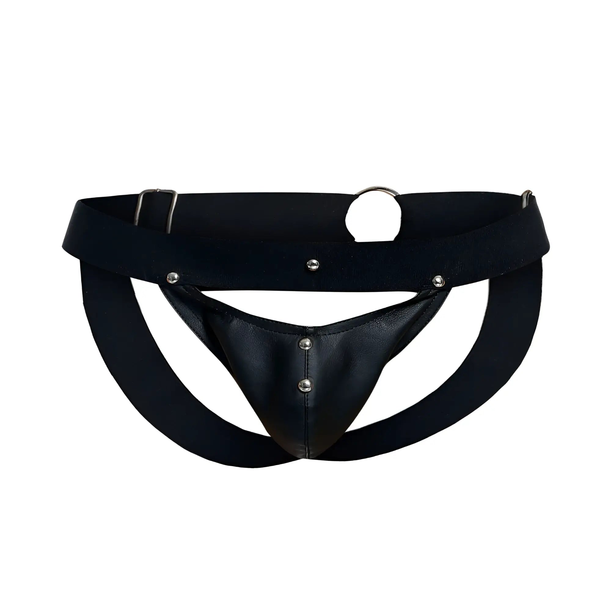 Black leather thong with adjustable elastic waistband and silver metal hardware from malebasics dmblo4 dngeon jockstrap