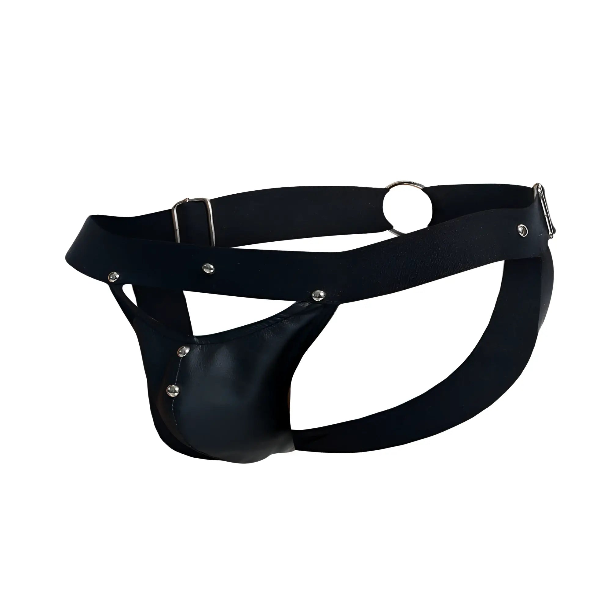 Black leather thong malebasics dmblo4 dngeon with silver metal hardware and adjustable straps in black color