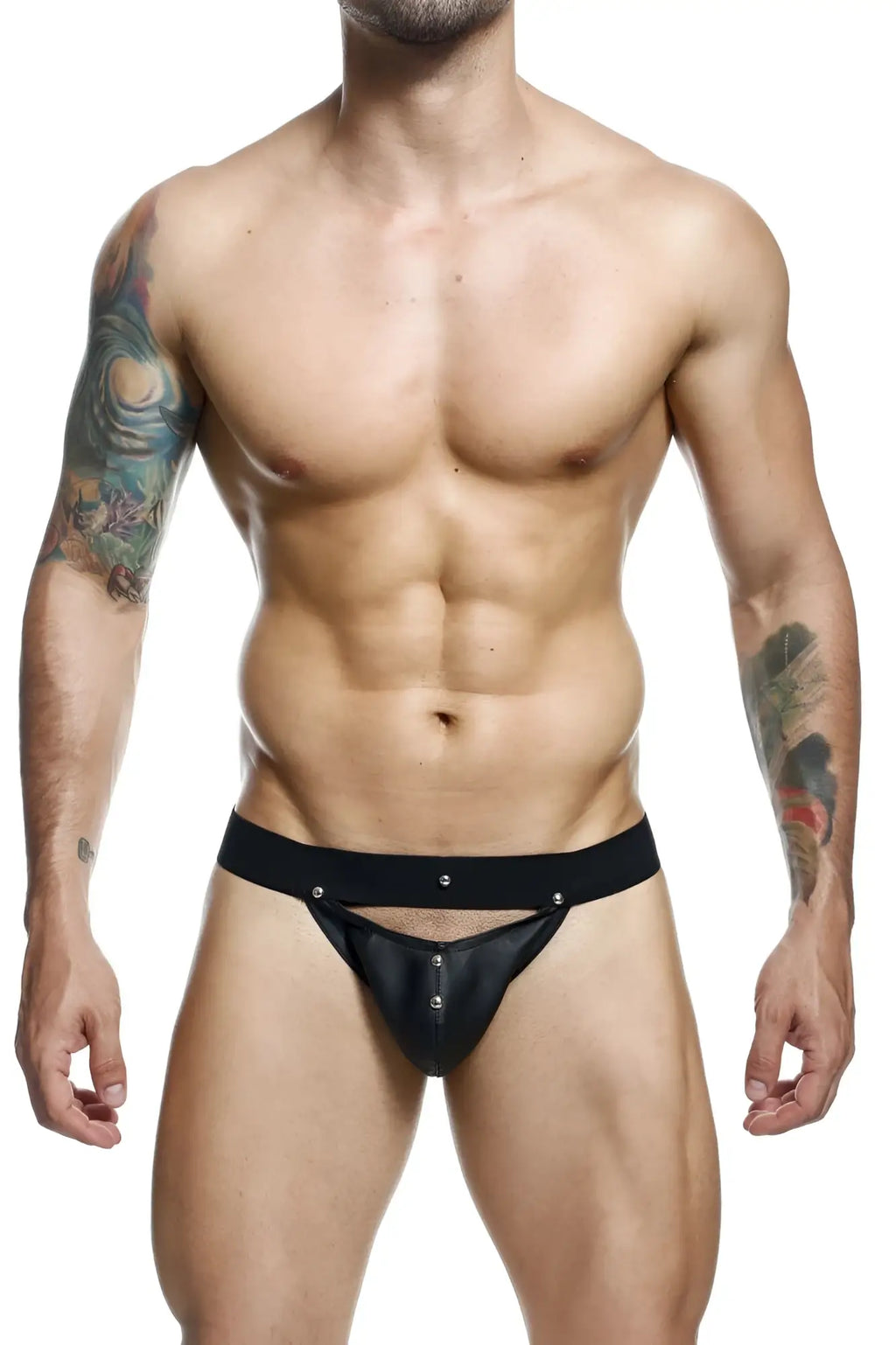 Malebasics dmbl04 dngeon peekaboo jockstrap in black leather thong with silver studs and wide waistband front view