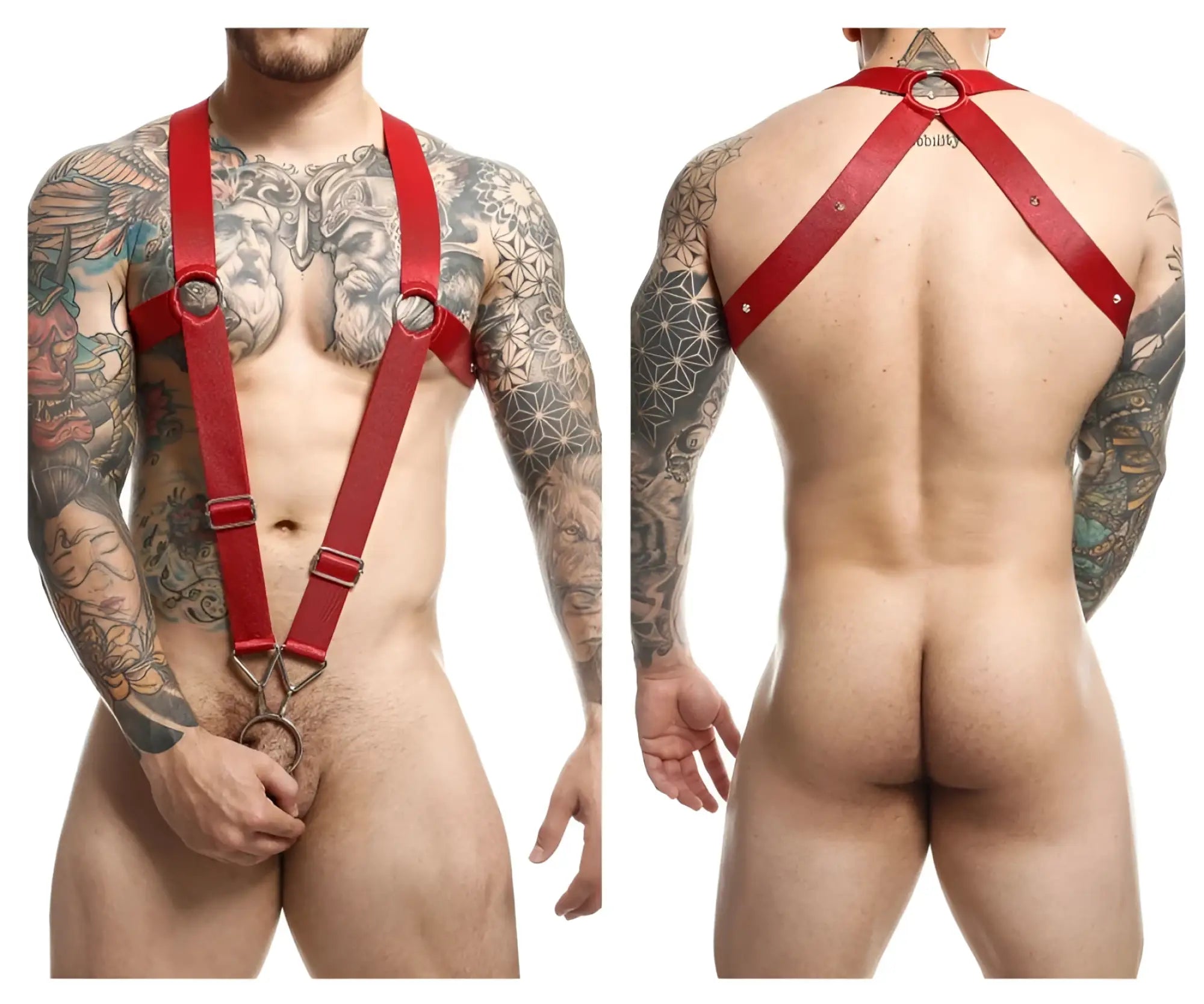 Red leather crossback harness with metal rings and buckles in cherry color by Malebasics DMBL05 DNGEON
