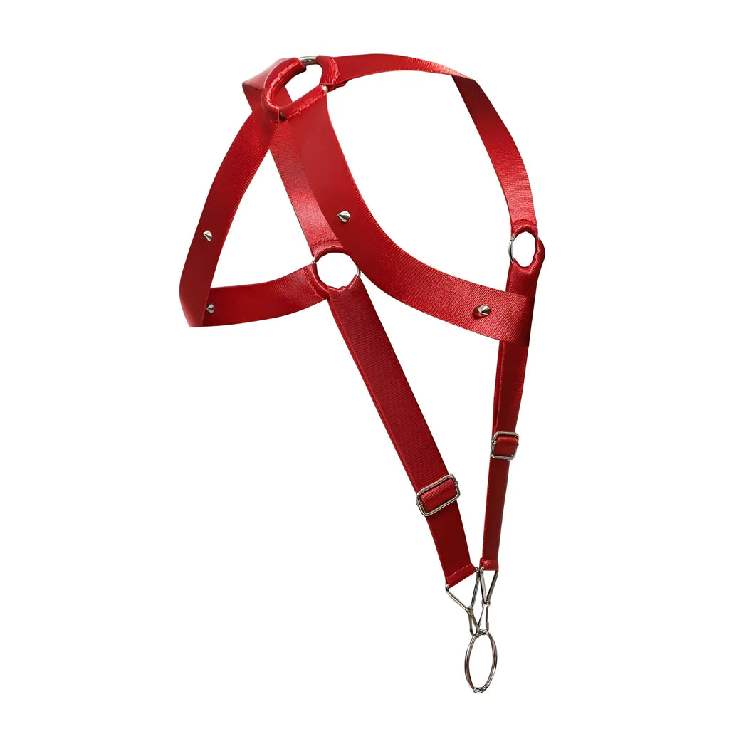 Malebasics dmblo5 dngeon crossback harness in cherry red leather with silver metal hardware and adjustable straps
