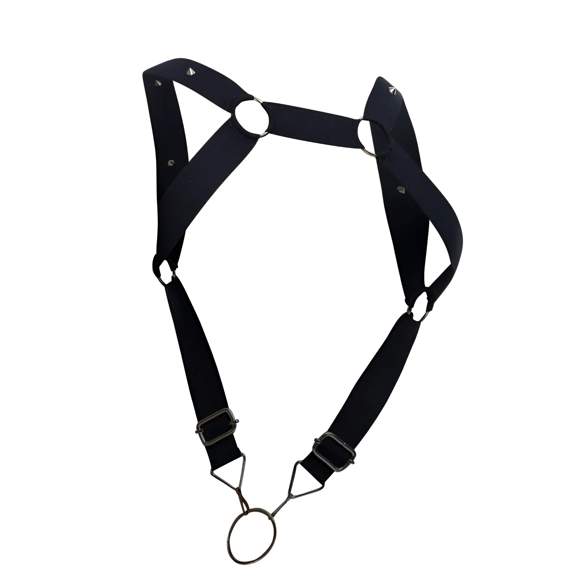 Malebasics dmblo6 dngeon straight back harness black fabric with metal rings and buckles shown from back side