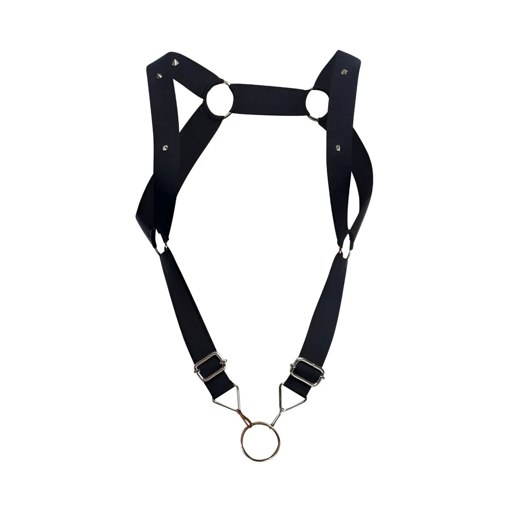 Malebasics dmblo6 dngeon straight back harness in black leather with silver rings and triangular buckles shown from back