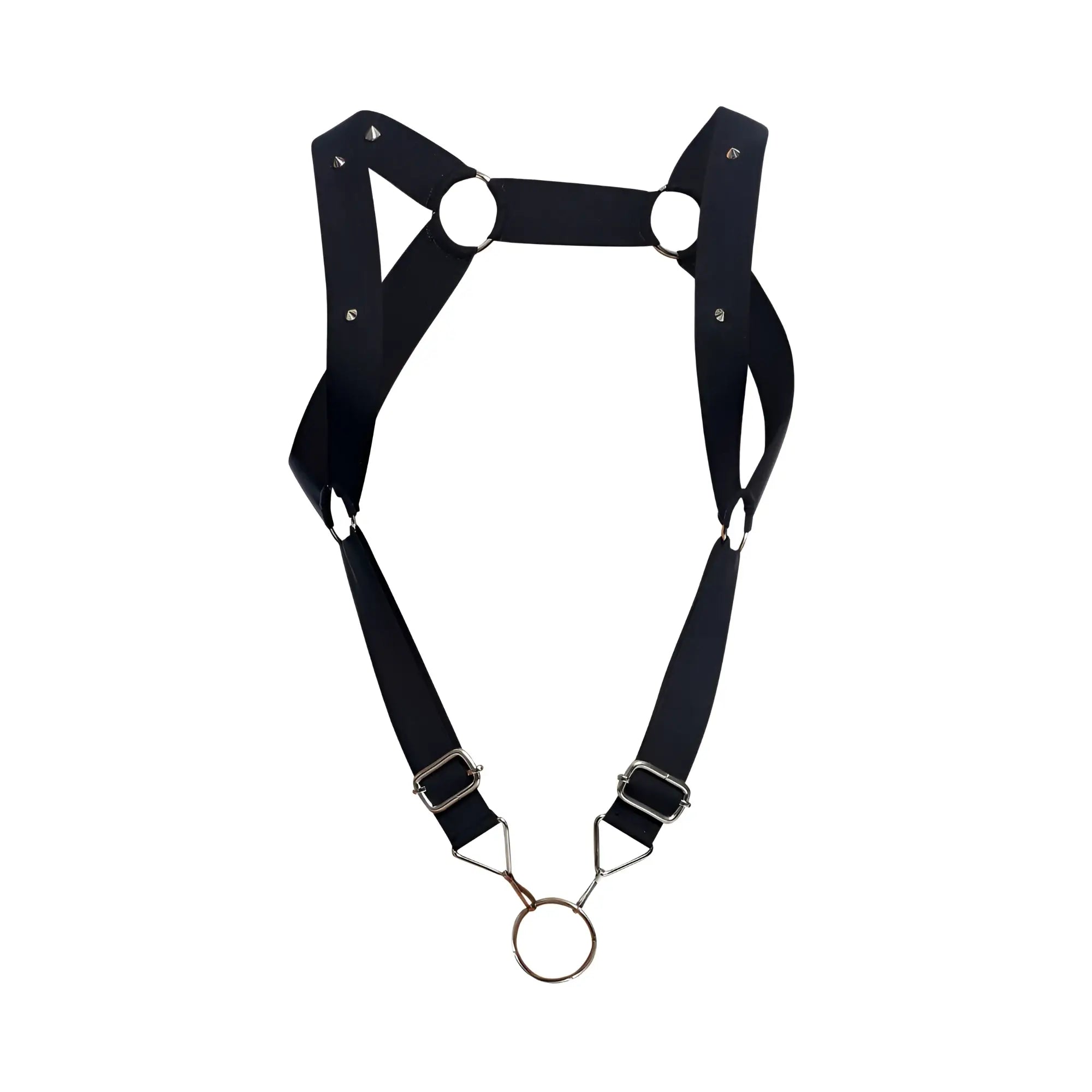 Malebasics dmblo6 dngeon straight back harness in black leather with silver rings and triangular buckles shown from back