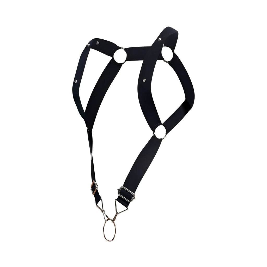 Malebasics dmbl06 dngeon straight back harness in black leather with silver metal rings and buckles view of back side