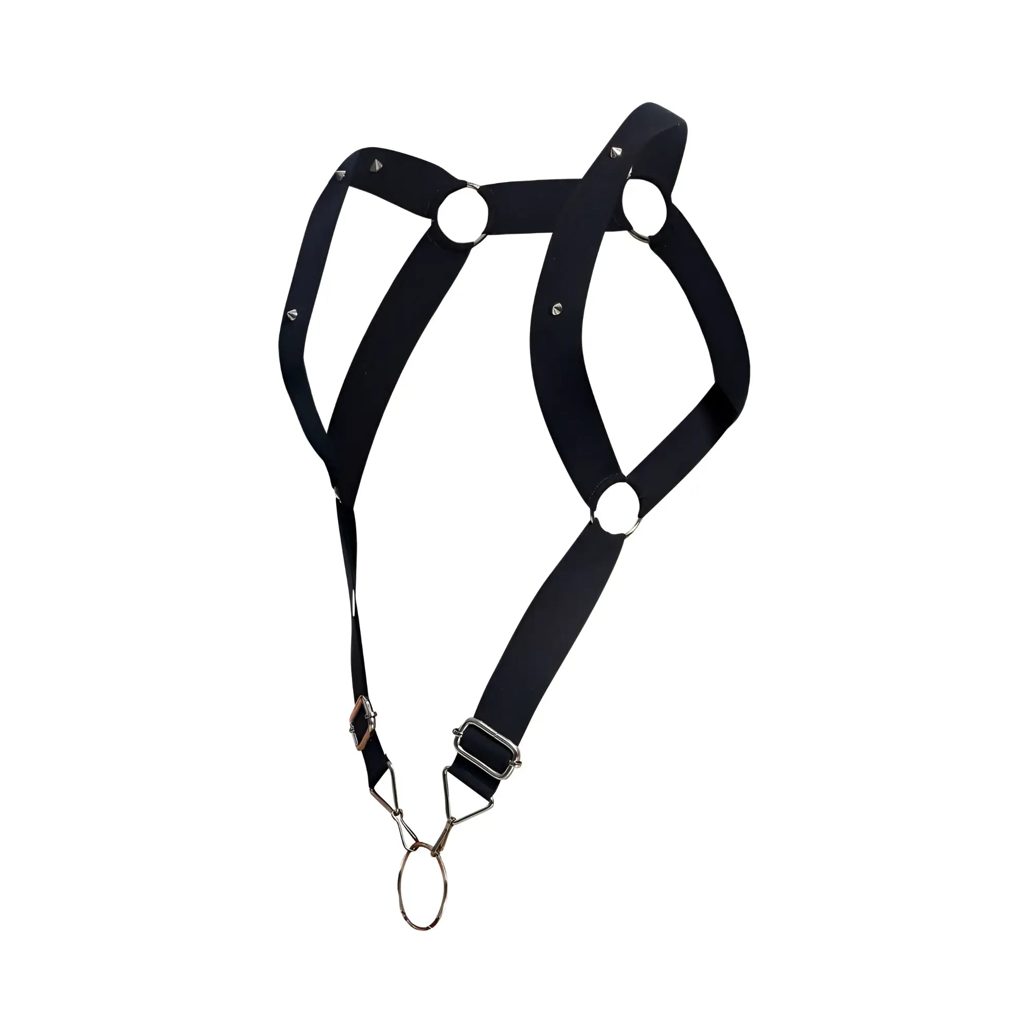 Malebasics dmbl06 dngeon straight back harness in black leather with silver metal rings and buckles view of back side