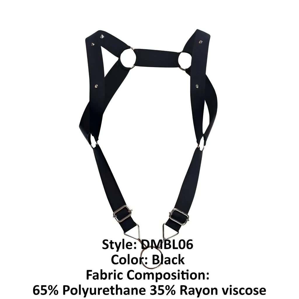 Black malebasics dmbl06 dngeon straight back harness with adjustable polyurethane and rayon viscose straps and metal buckles