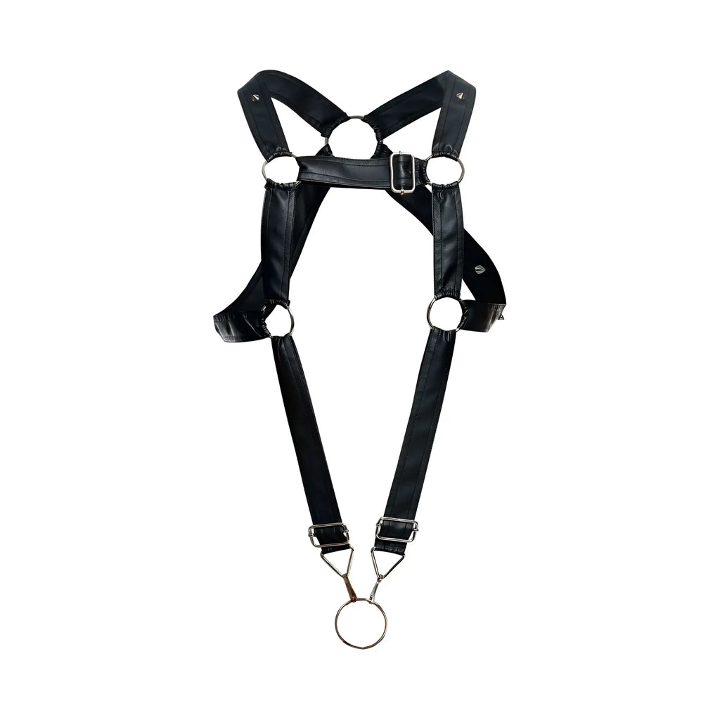 Malebasics dmblo7 dngeon cross cockring harness in black faux leather with silver metal rings and buckle